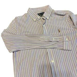 Ralph Lauren Knit Oxford Shirt M Purple Striped Button Down 100% Cotton